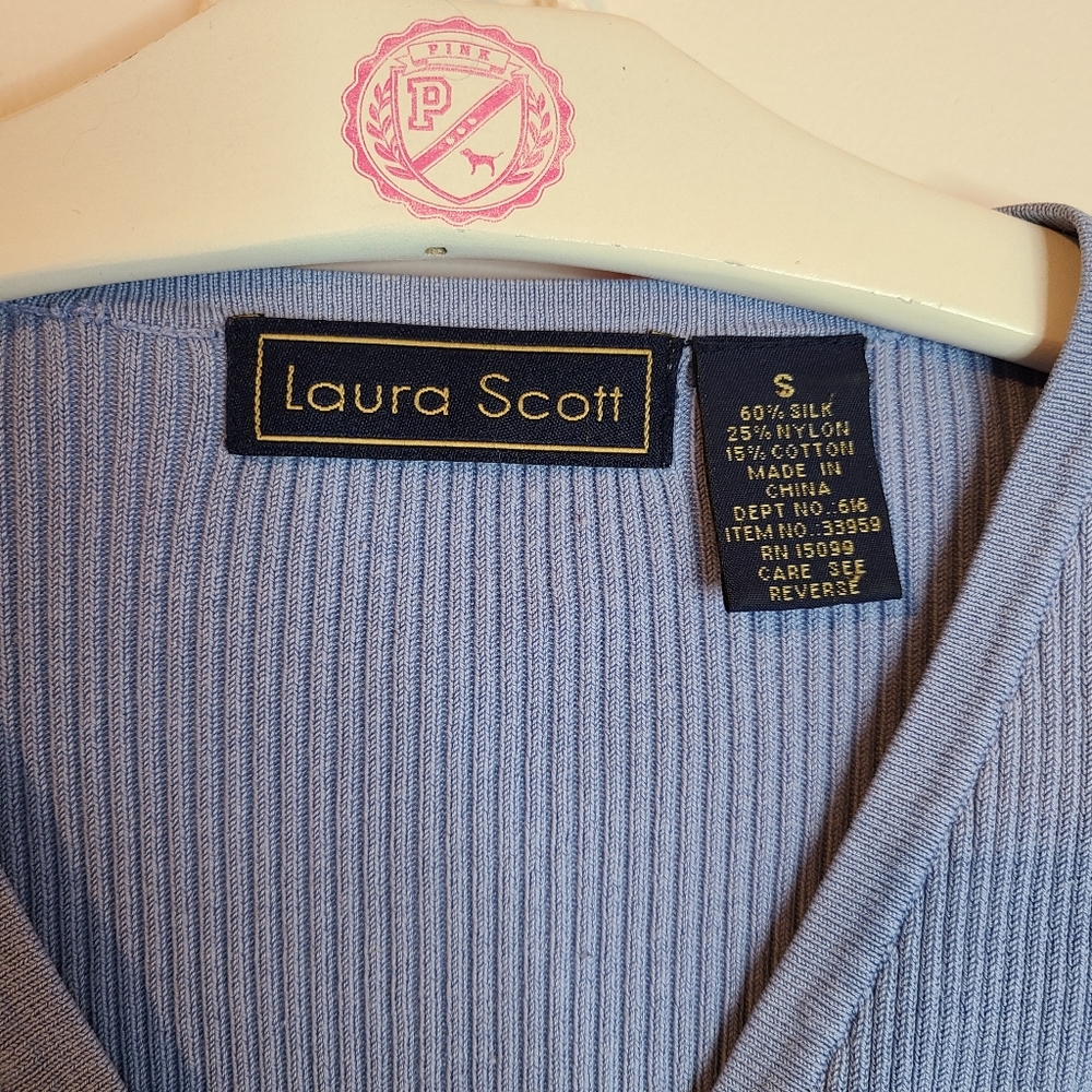 VTG Laura Scott Silk Blend Ribbed Cardigan Size Sm Blue - Picture 5 of 5